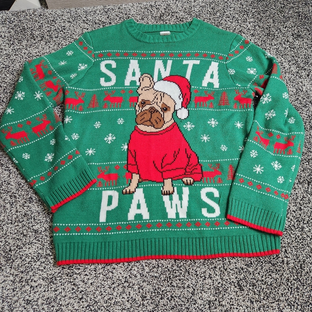 Santa Paws French Bulldog, Ugly Christmas Sweater Womens L/Xl Or Youth XXL 18,